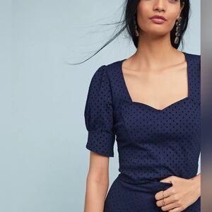Maeve Anthropologie Sevigny Top Blue Polka Dot Princess Neck Puff‎ Sleeves Small